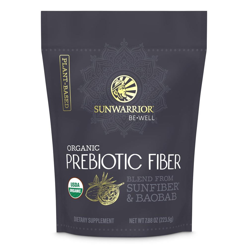 Sunwarrior Be Well Prebiotic Fiber supplement bottle on white background
