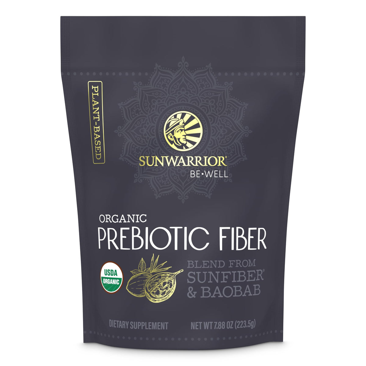 Sunwarrior Be Well Prebiotic Fiber supplement bottle on white background