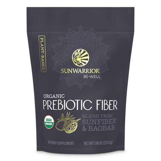 Sunwarrior Be Well Prebiotic Fiber supplement bottle on white background