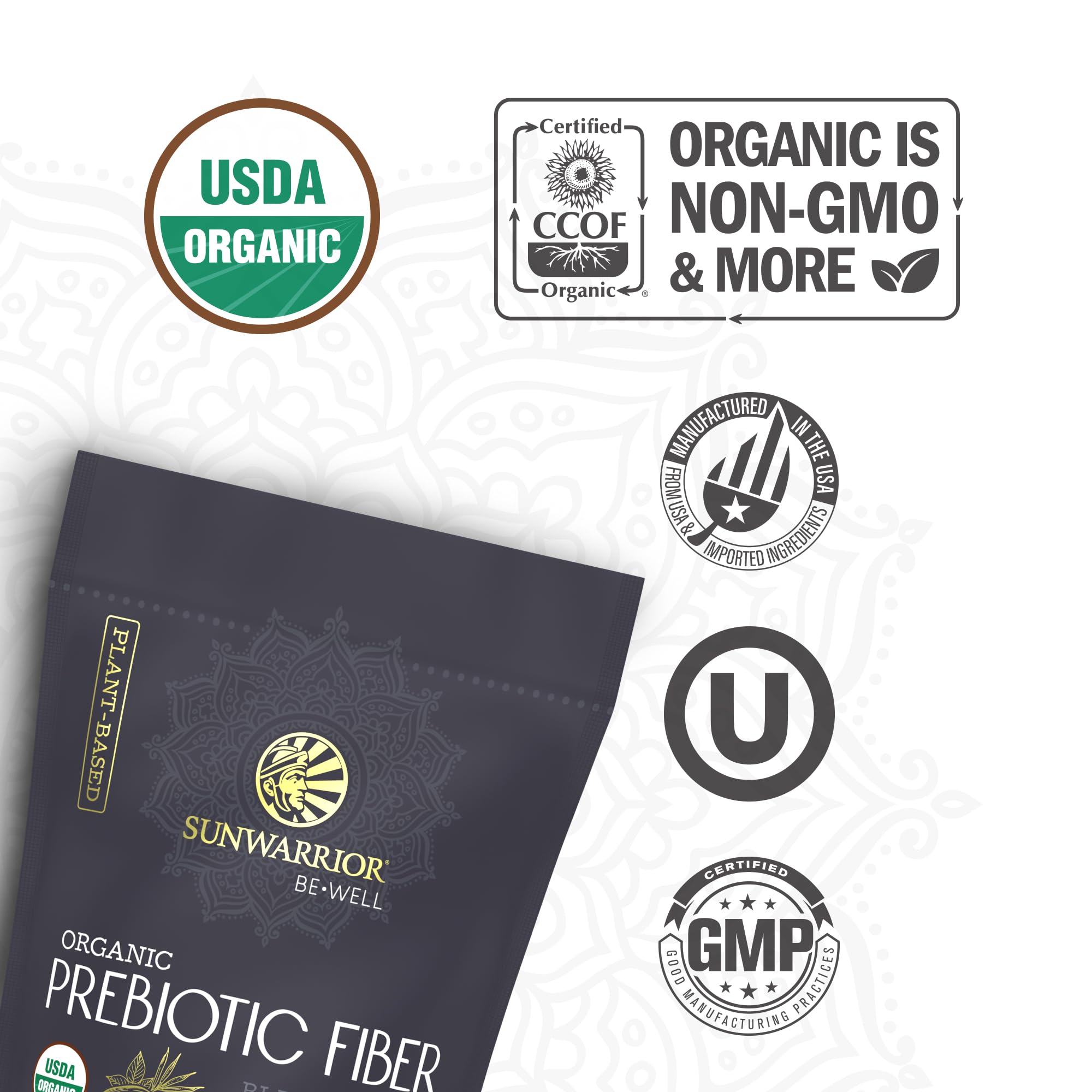 Close-up of organic Sunfiber and baobab ingredients on packaging