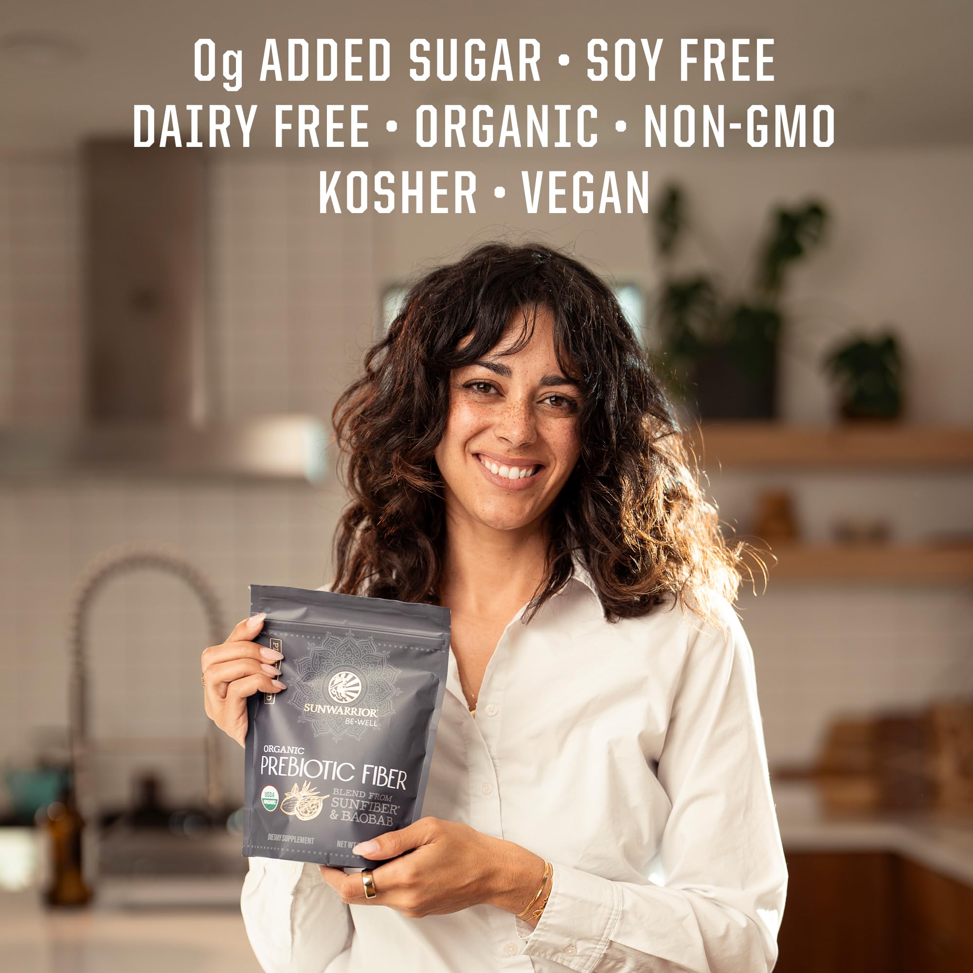 Vegan and Non-GMO certification icons on Sunwarrior Be Well packaging