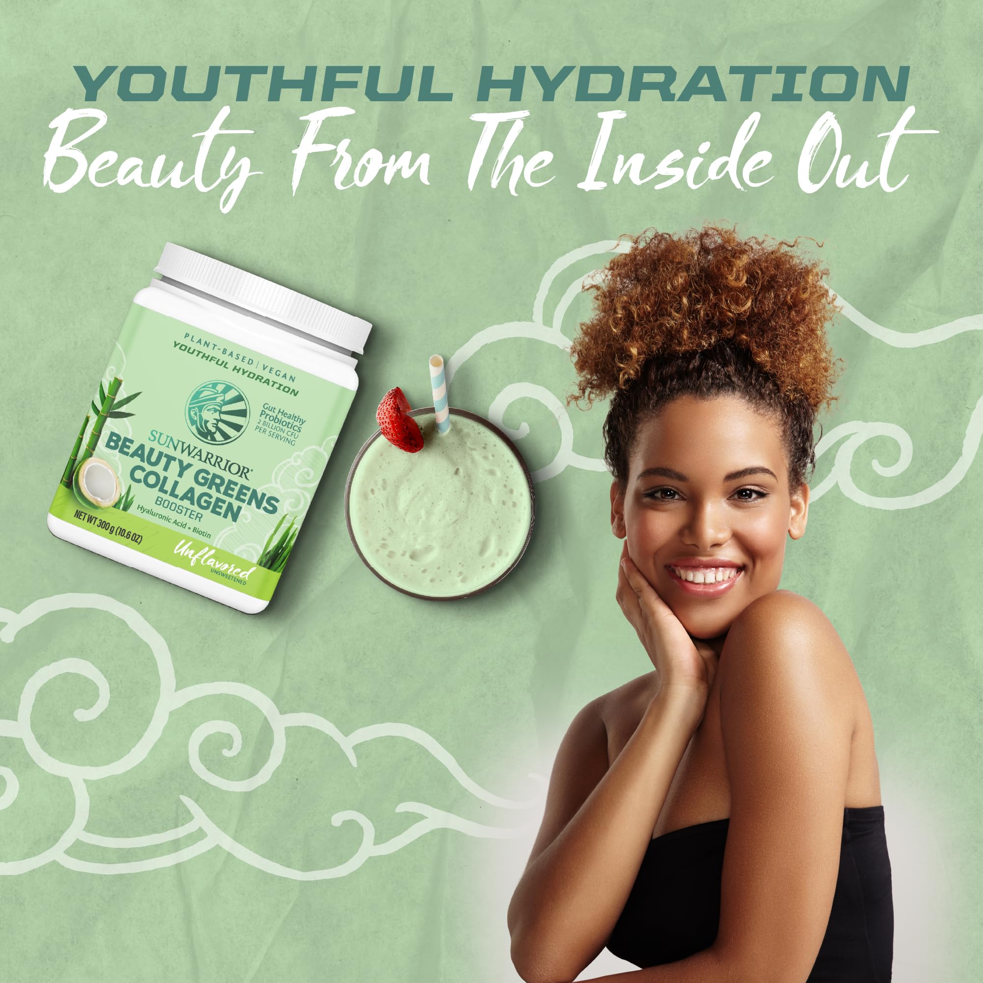 Close-up of label on Sunwarrior Beauty Greens Collagen Booster