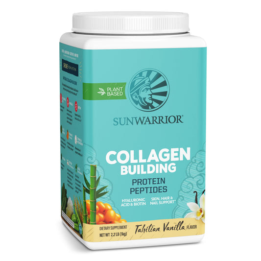 Front view of Sunwarrior Collagen Builder Powder Vanilla 40 servings tub