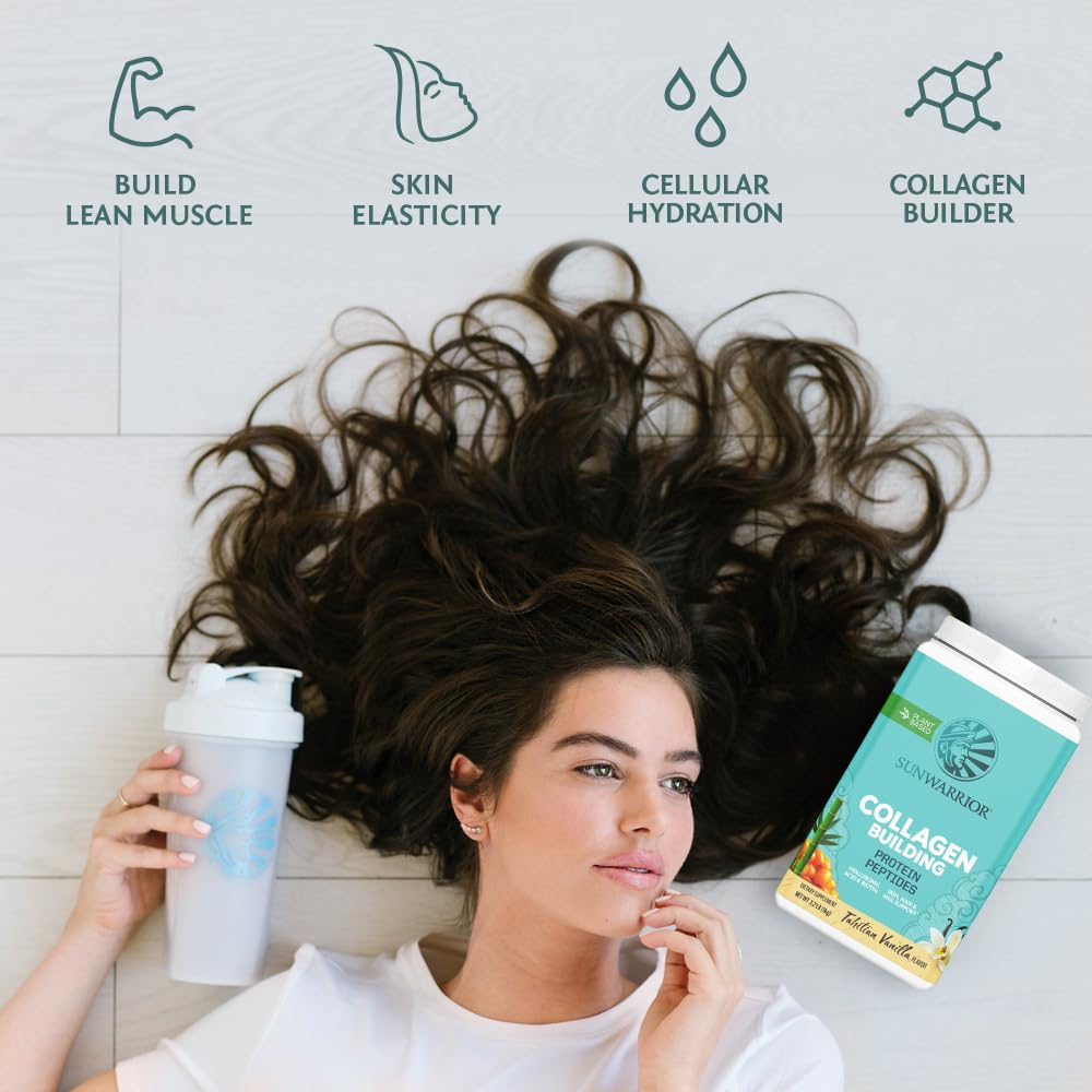 Sunwarrior Collagen Builder vanilla label close-up highlighting clean, plant-based ingredients.