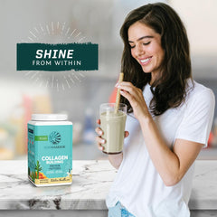 Sunwarrior Collagen Builder vanilla packaging on kitchen counter emphasizing vegan formula.