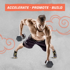 Lifestyle image showing workout setup with shaker and product
