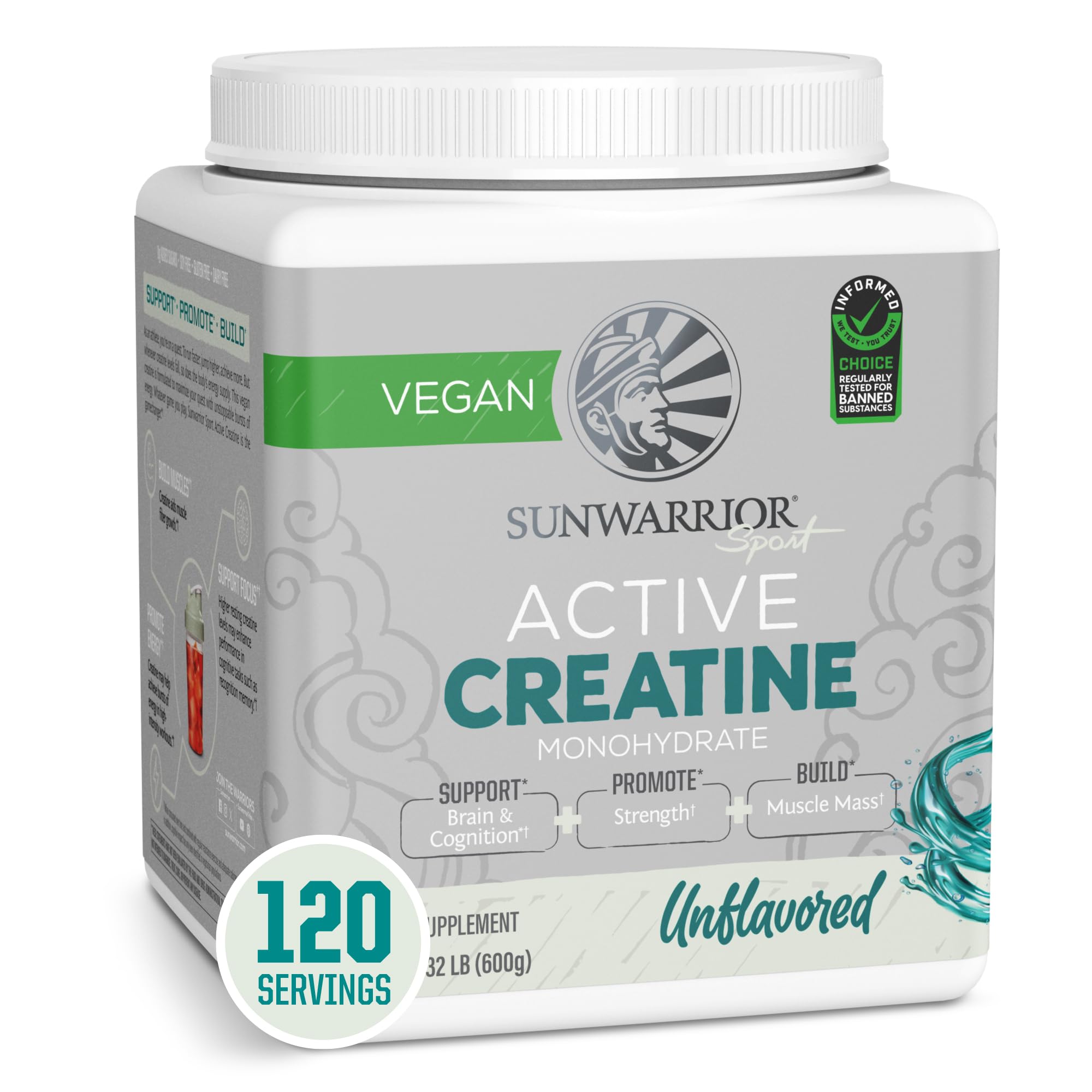 Sunwarrior Creatine Monohydrate bottle on display, vegan-friendly workout support.