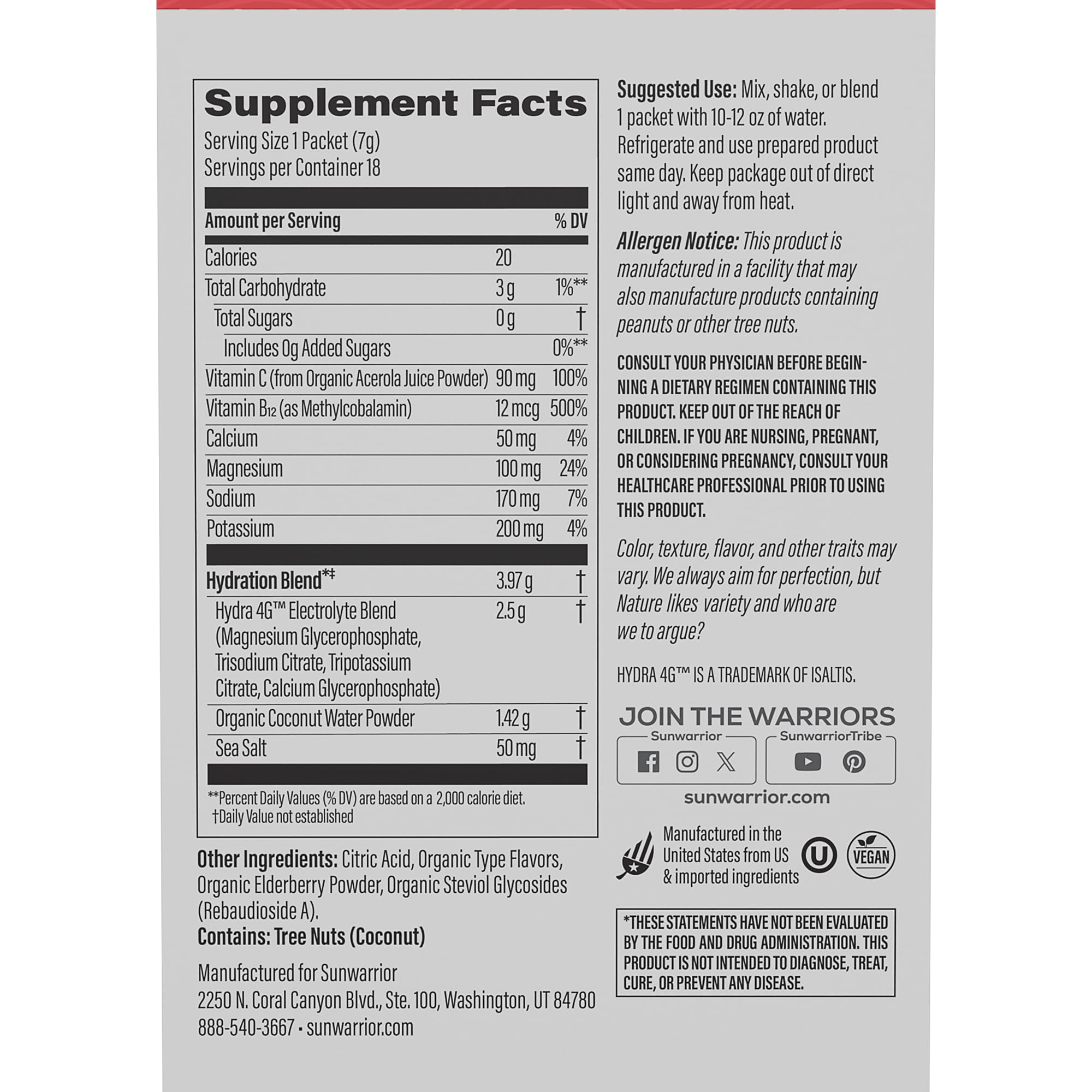 Sunwarrior Hydration Powder Strawberry Colada flavor pouch back with nutrition