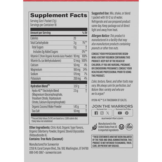 Sunwarrior Hydration Powder Strawberry Colada flavor pouch back with nutrition