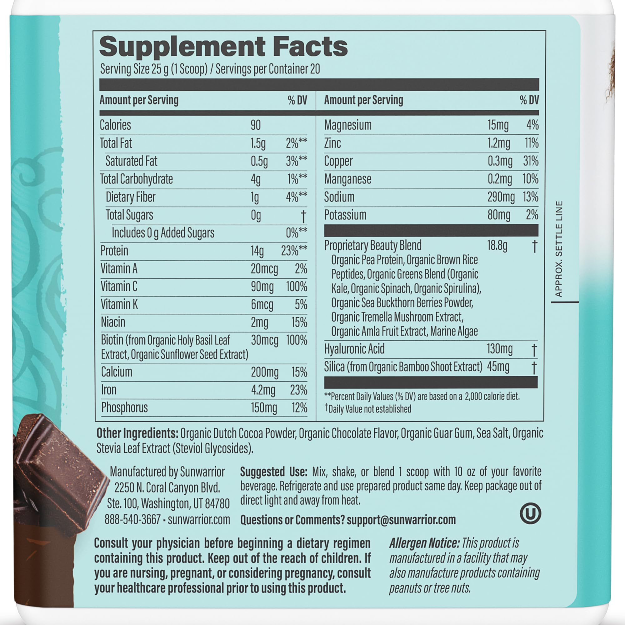 Close-up of Sunwarrior collagen building protein peptides chocolate packaging