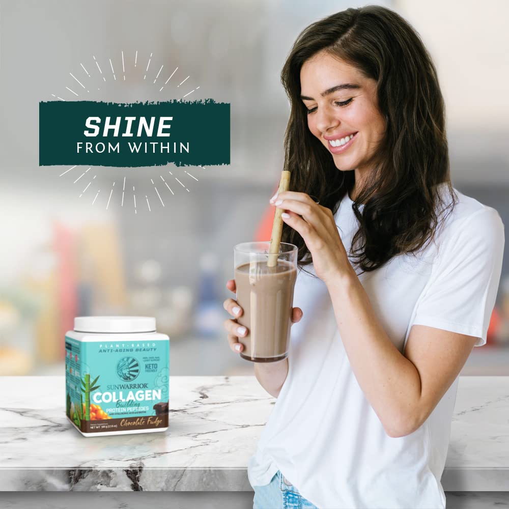 Prepared chocolate vegan collagen-building drink showing benefits for hair, skin, nails