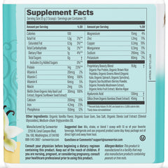 Scoop of vanilla vegan collagen-building powder beside a glass of beverage