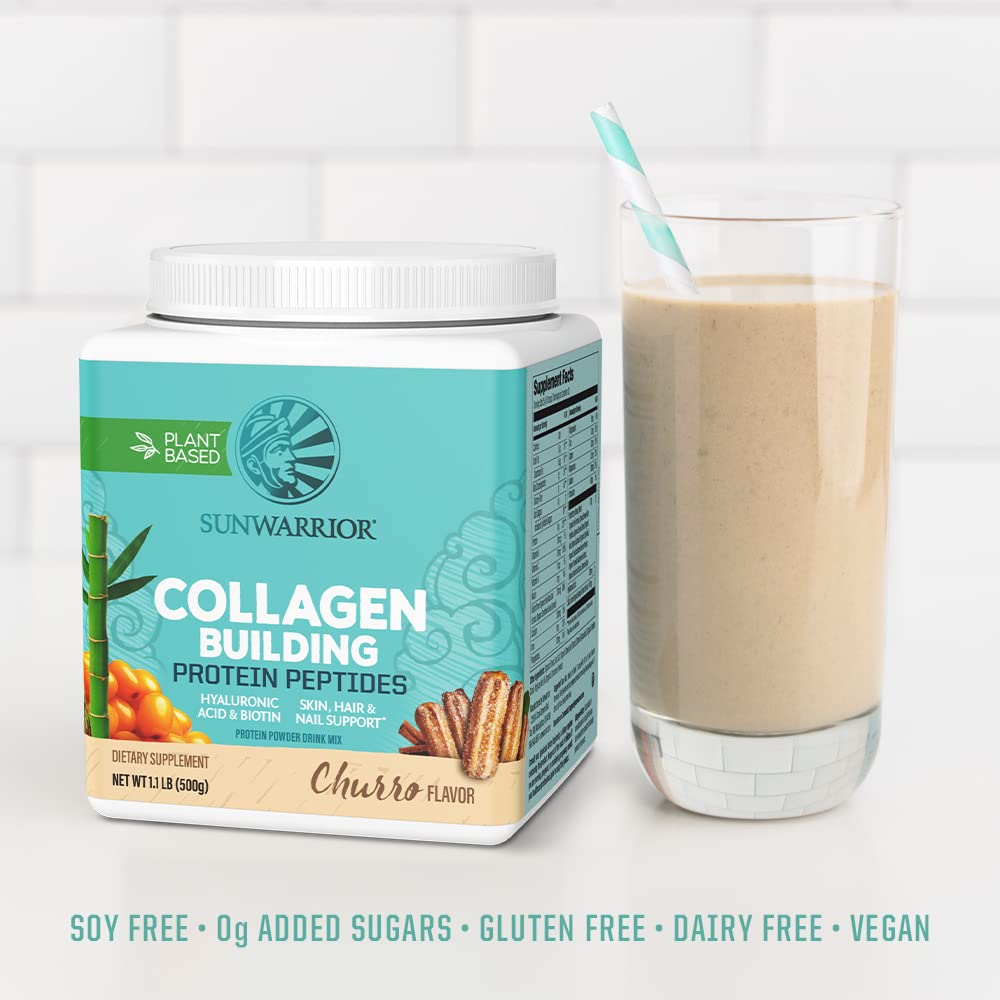 Sunwarrior collagen churro dairy-free, soy-free, gluten-free packaging details