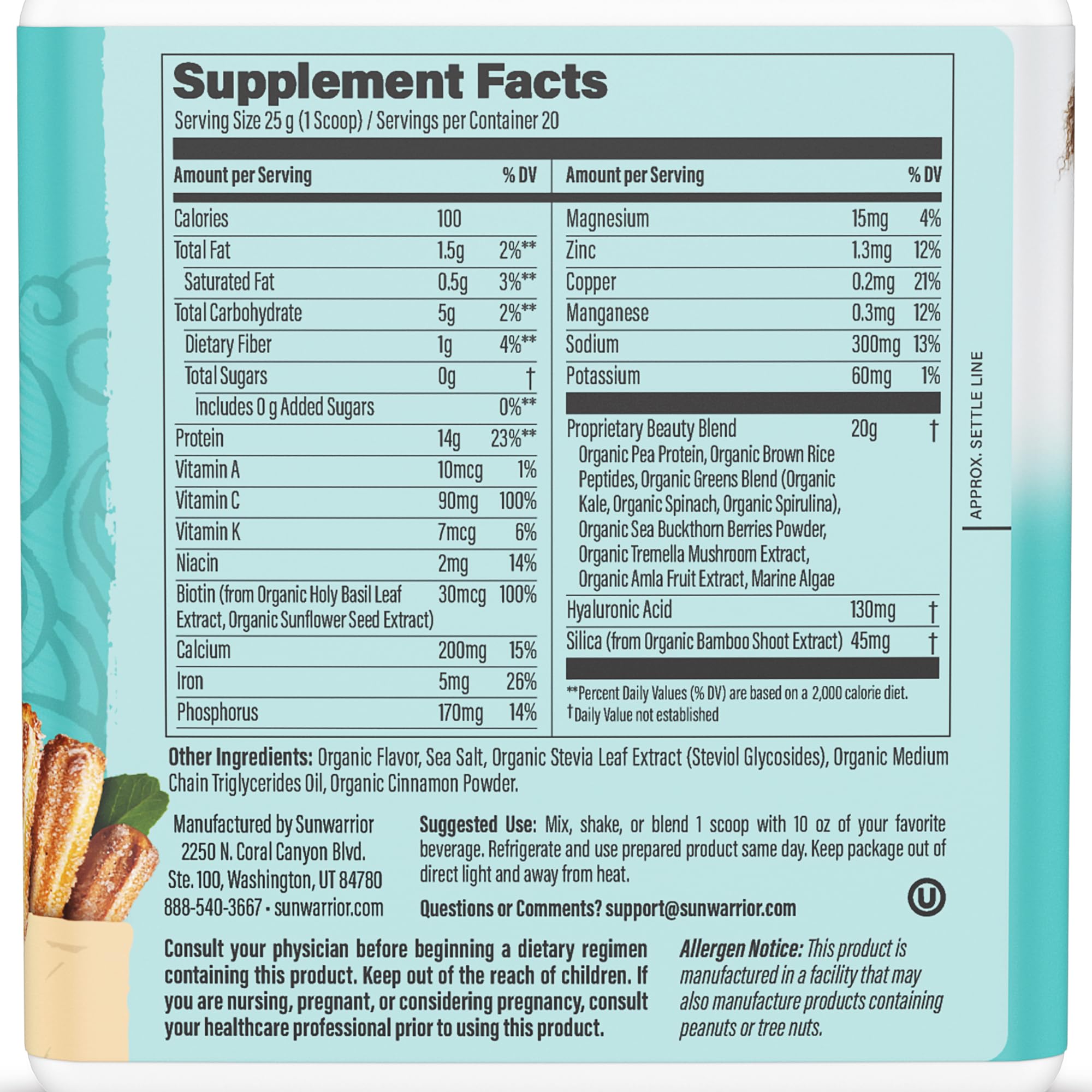 Sunwarrior vegan collagen powder churro scoop showing convenient daily serving