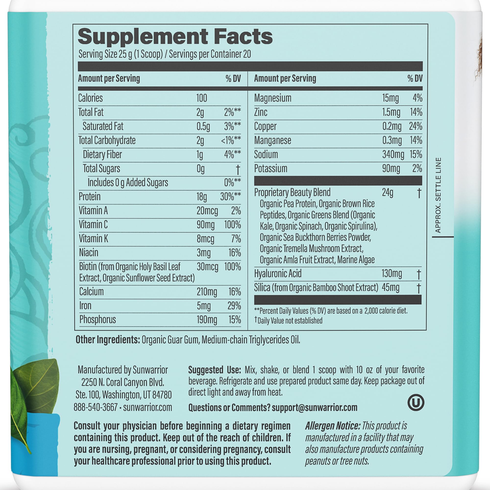 Sunwarrior vegan collagen label closeup emphasizing vegan peptides and biotin
