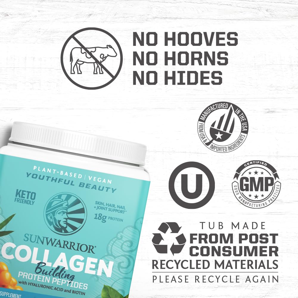 Sunwarrior vegan collagen powder dispense showing easy-to-mix unflavored formula for daily use