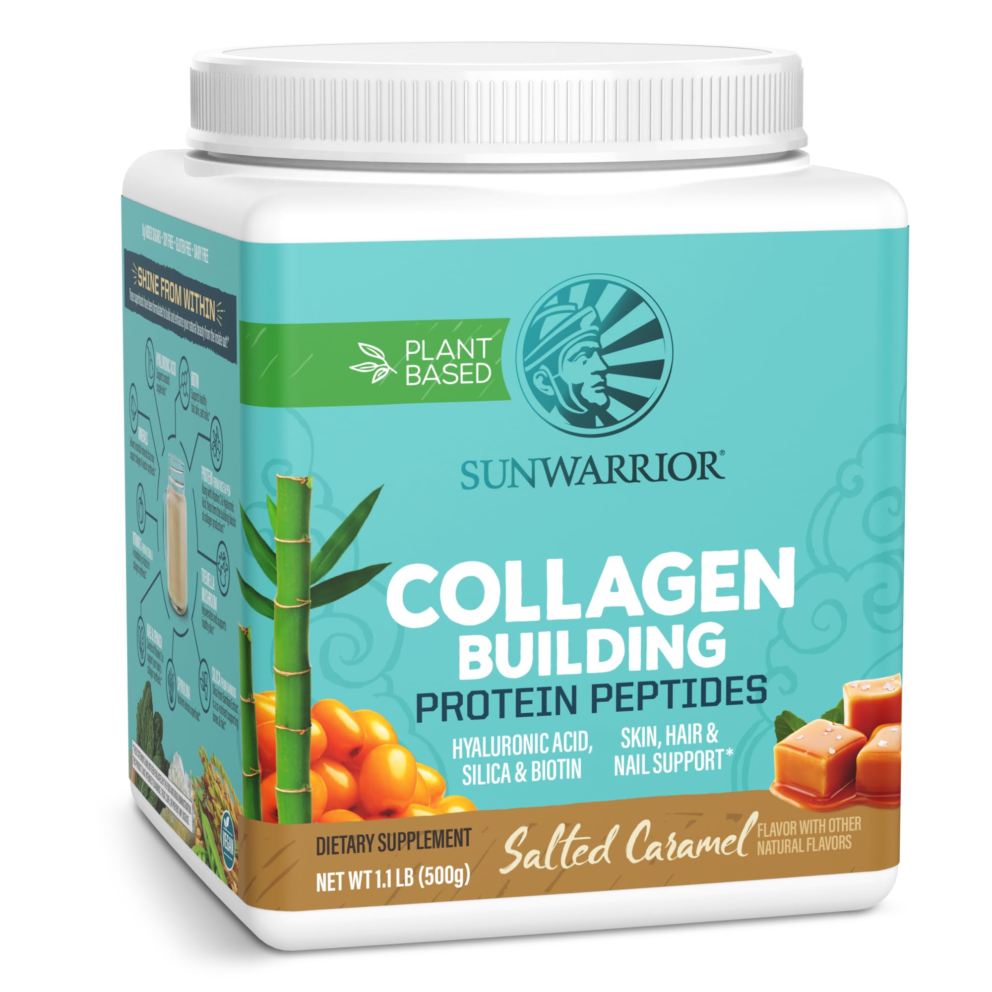 Sunwarrior Vegan Collagen Powder tub closeup showing creamy smoothie-friendly texture