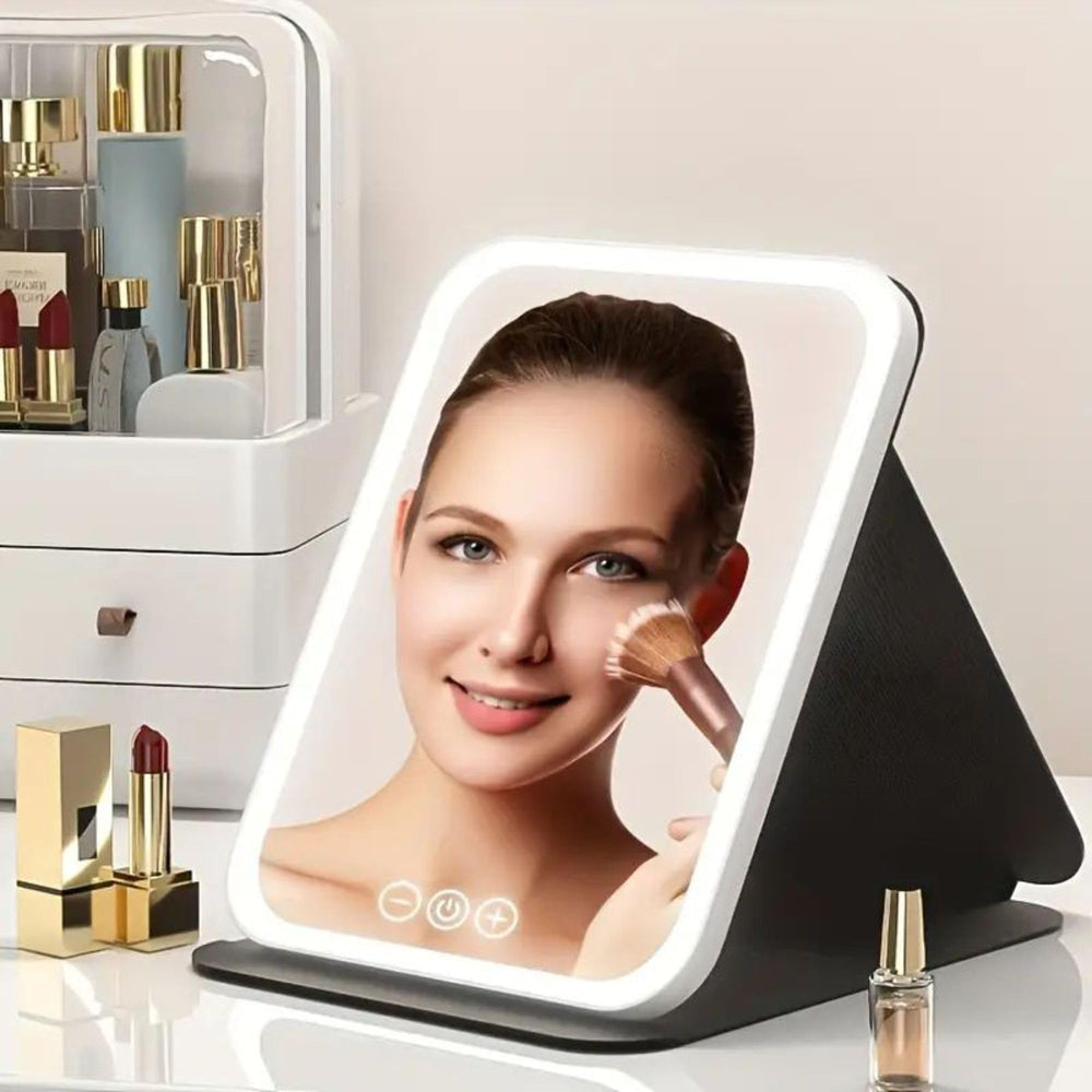 The suonee folded-compact travel mirror stores easily for on-the-go use.