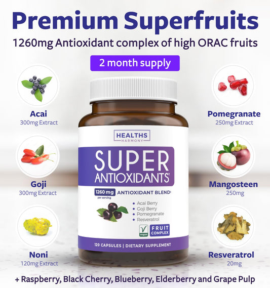 Assorted antioxidant fruits collage including acai, goji, pomegranate and elderberry