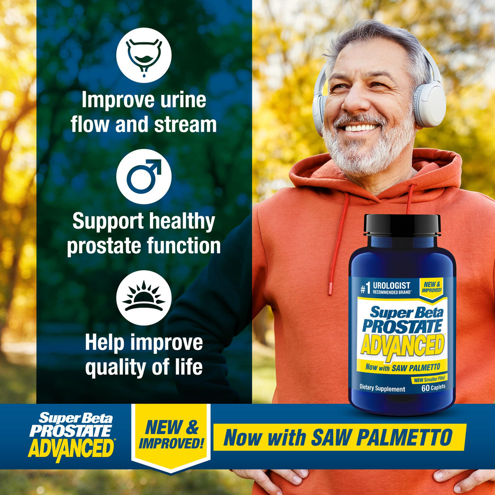 Super Beta Prostate Advanced ingredient card shows reishi, zinc, and selenium for daily support.