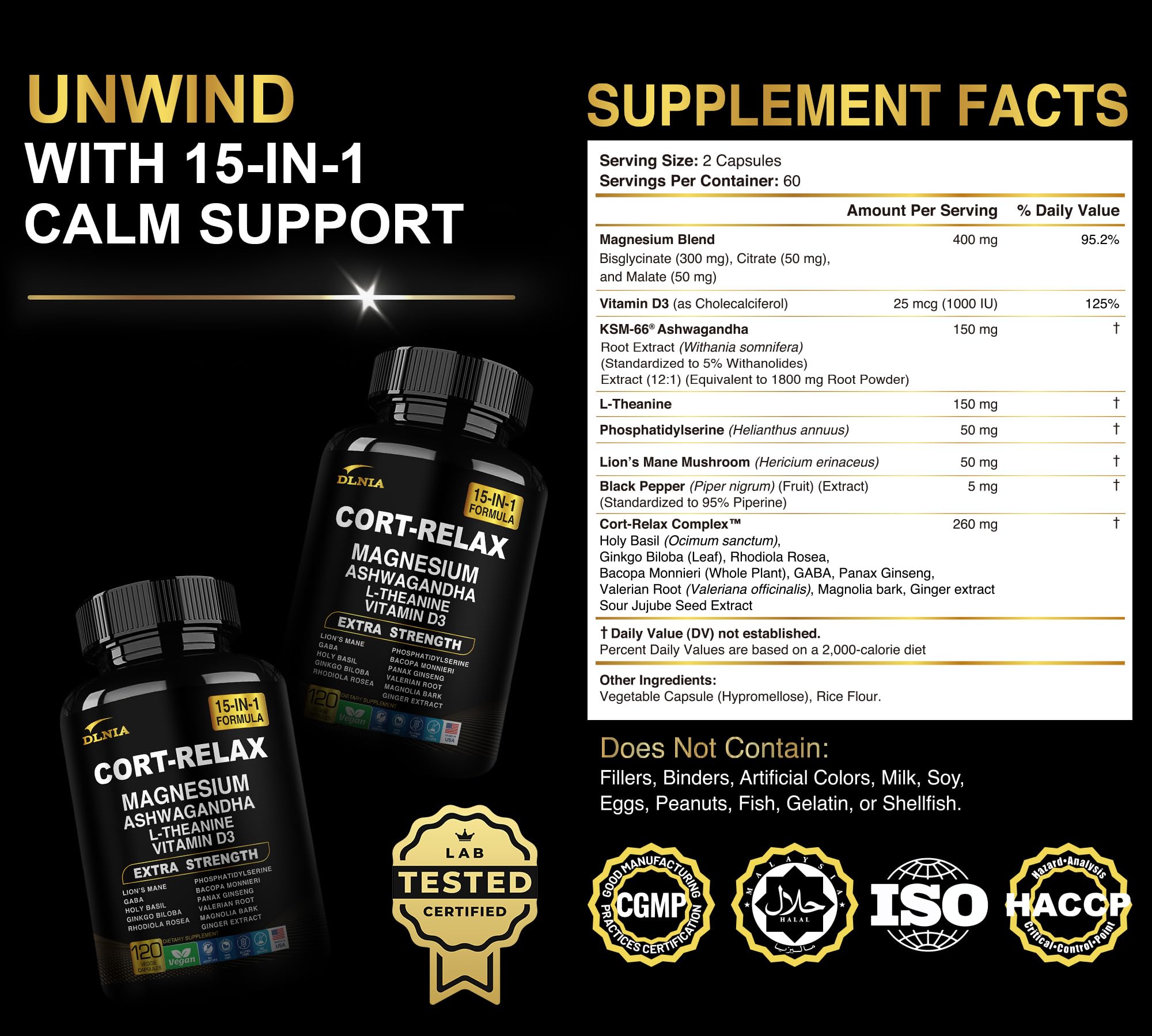 Close-up of capsule ingredients including Ashwagandha KSM-66 and L-Theanine