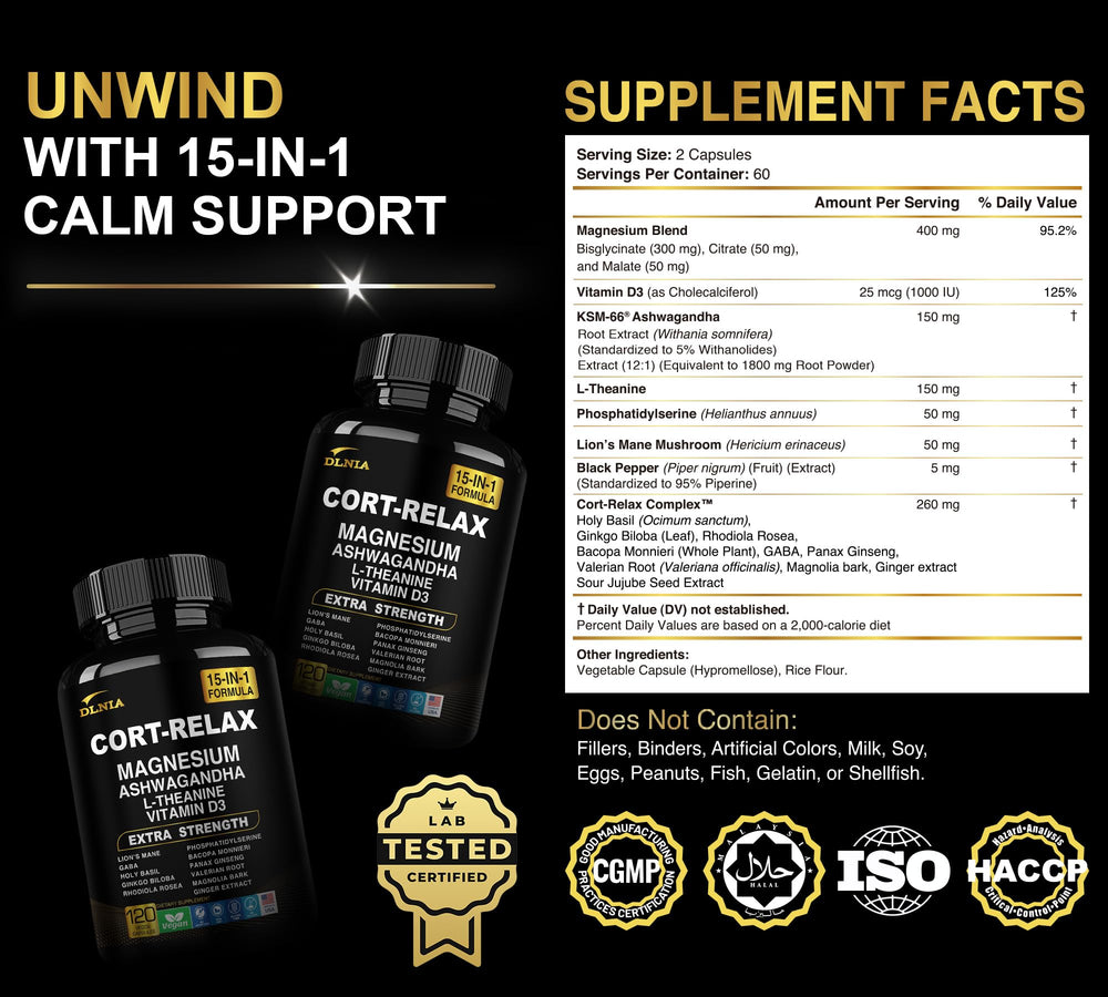 Close-up of capsule ingredients including Ashwagandha KSM-66 and L-Theanine