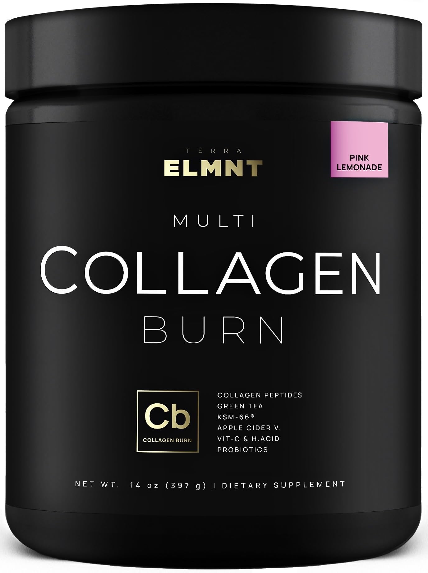 Front view of ELMNT Super Collagen Burn Pink Lemonade container