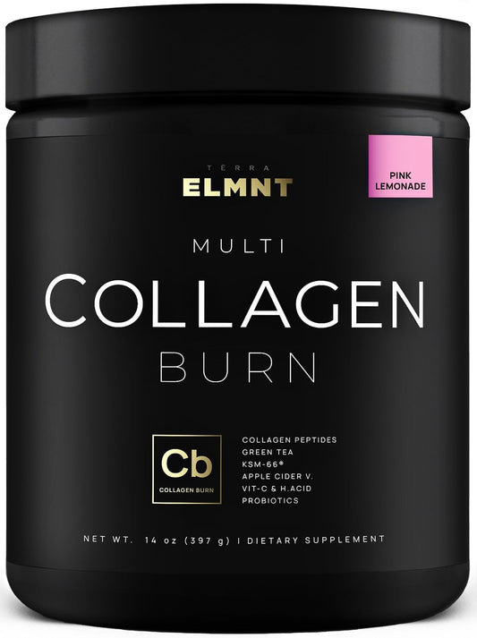 Front view of ELMNT Super Collagen Burn Pink Lemonade container