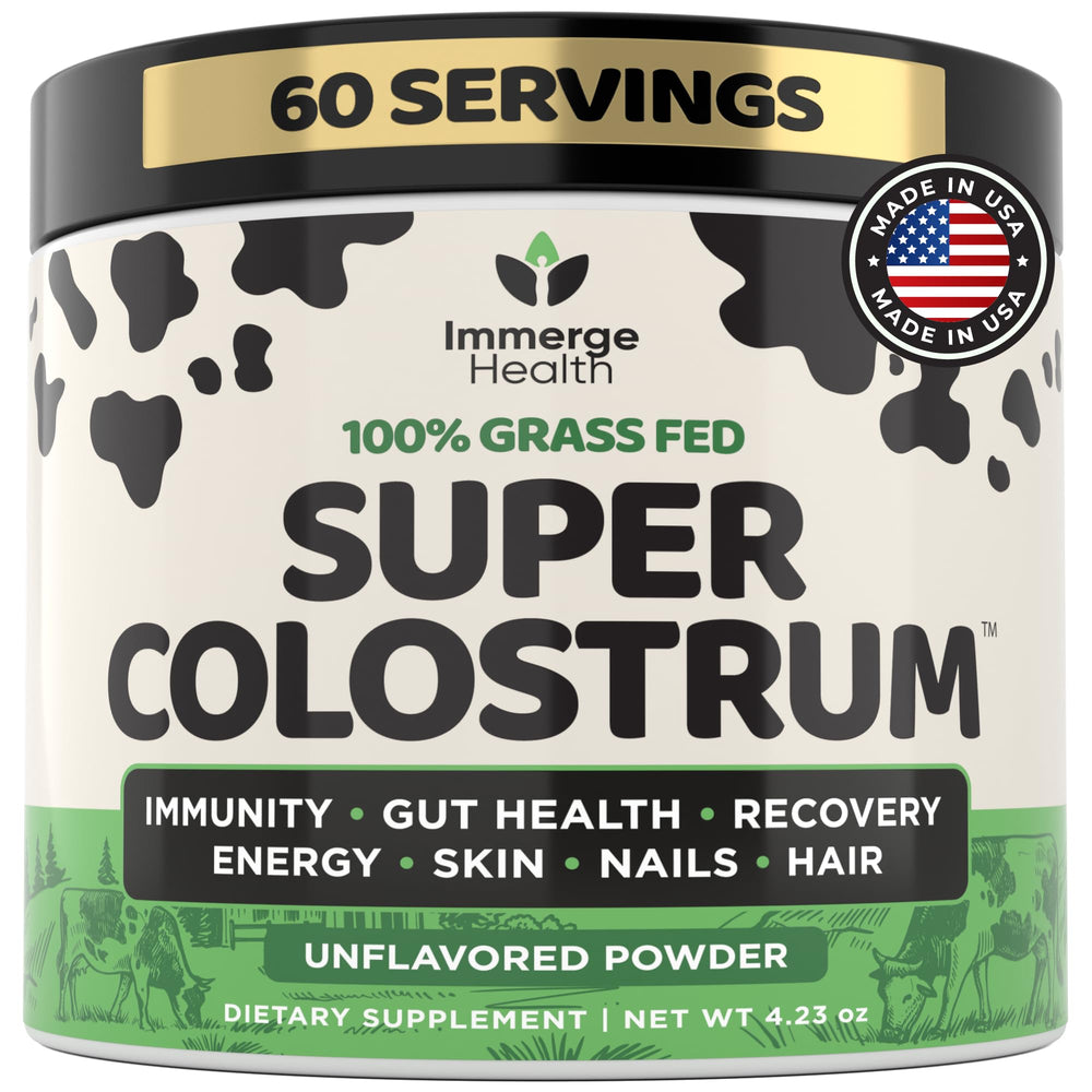 Bottle of Super Colostrum Powder with Grass-Fed label