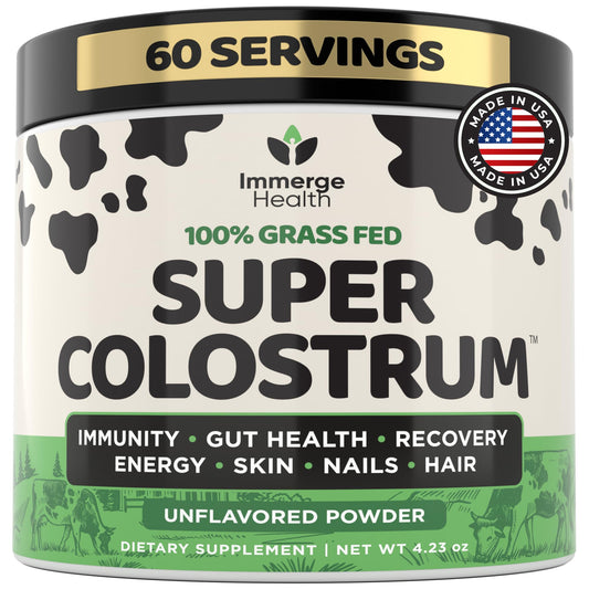 Bottle of Super Colostrum Powder with Grass-Fed label