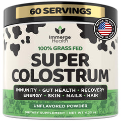 Bottle of Super Colostrum Powder with Grass-Fed label