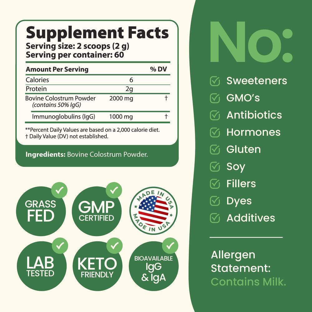 Grass-fed bovine colostrum powder ingredients label
