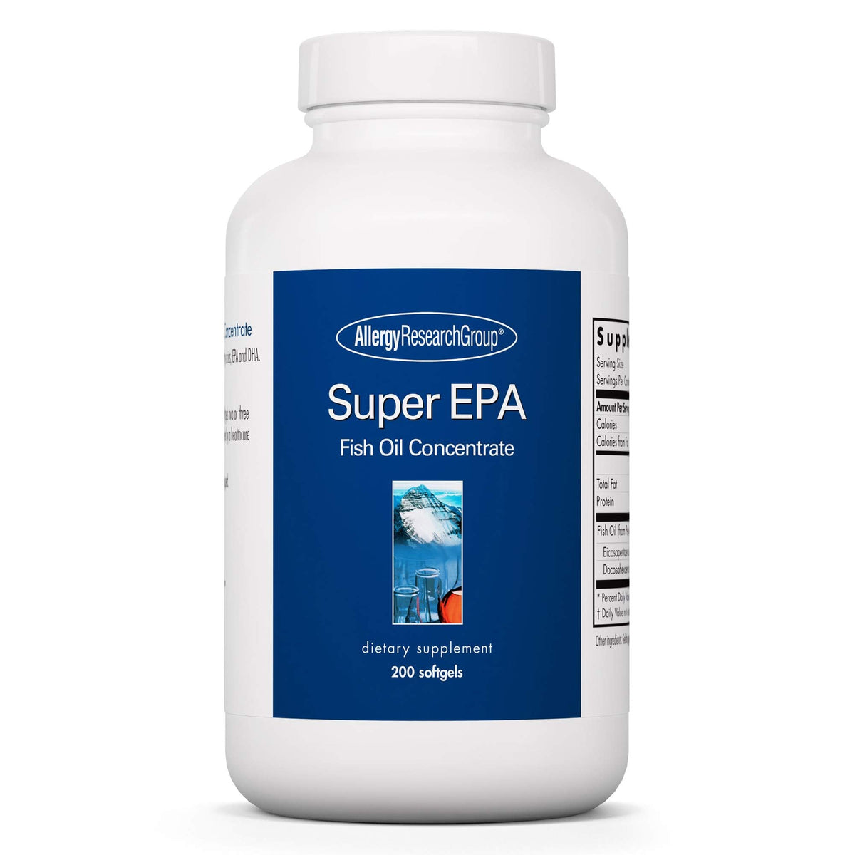 Bottle label for Allergy Research Group Super EPA fish oil softgels