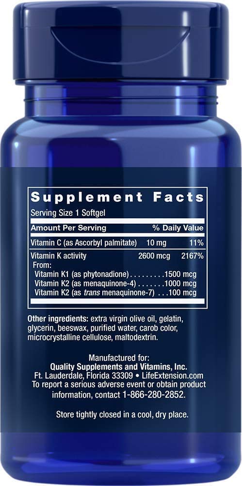 Supplement facts and dosage information for Super K with Advanced K2 Complex