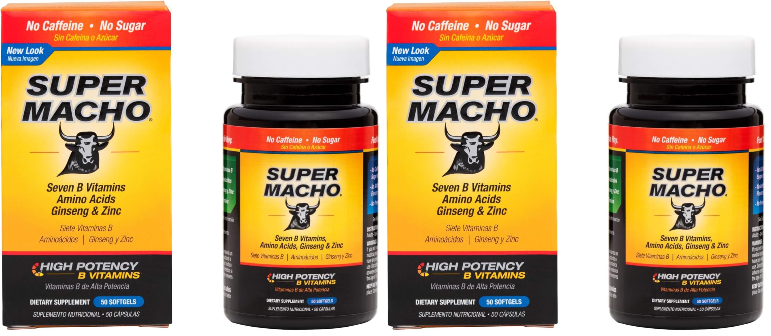 Front label of Super Macho dietary supplement bottle highlighting high-potency zinc and seven B vitamins
