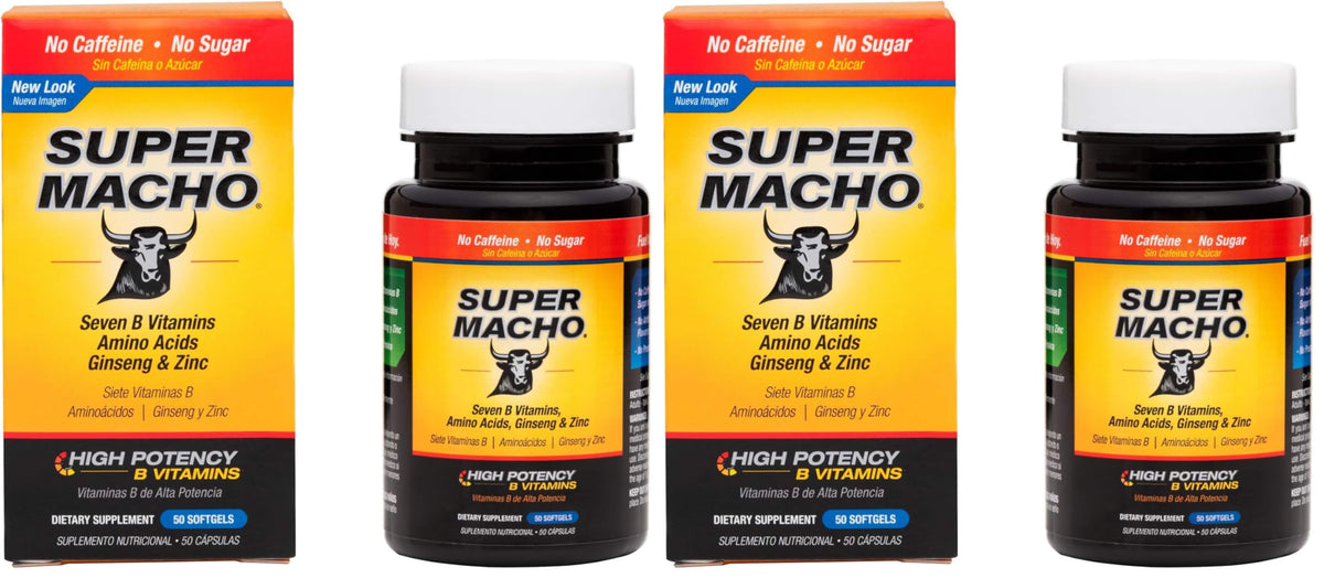 Front label of Super Macho dietary supplement bottle highlighting high-potency zinc and seven B vitamins