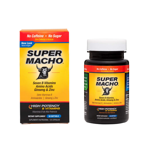 Front view of Super Macho dietary supplement bottle
