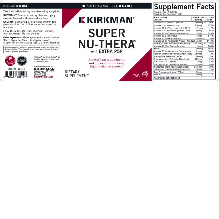 Close-up of the Super Nu-Thera bottle showing ingredients