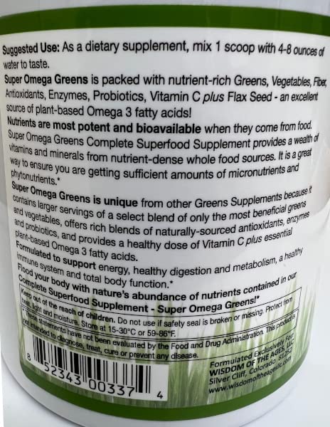 Close up of greens, vegetables, flax and probiotic blends in Super Omega Greens