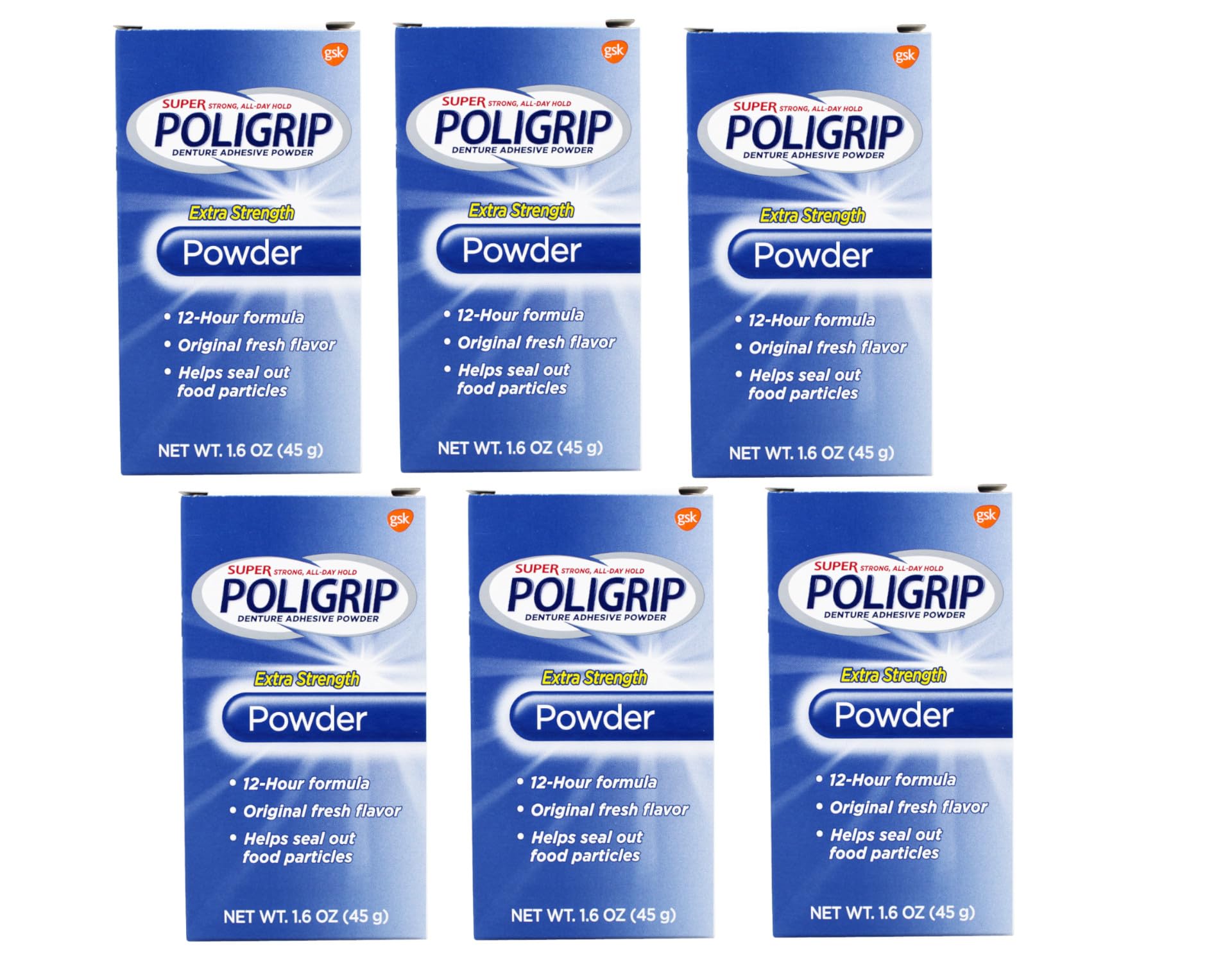 Front view of Super Poli-Grip 07801 denture powder packaging (pack of 6)