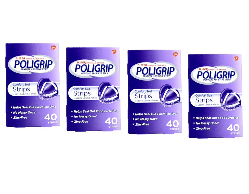 Front view of Super Poligrip Comfort Seal Denture Adhesive Strips box
