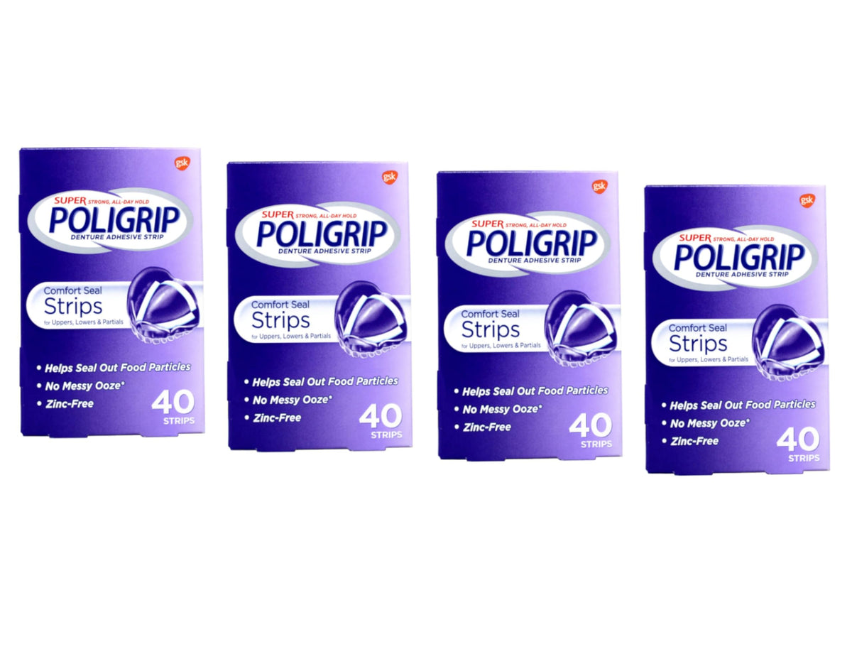 Front view of Super Poligrip Comfort Seal Denture Adhesive Strips box