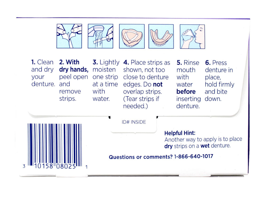 Mess-free, pre-cut denture adhesive strips ready for use