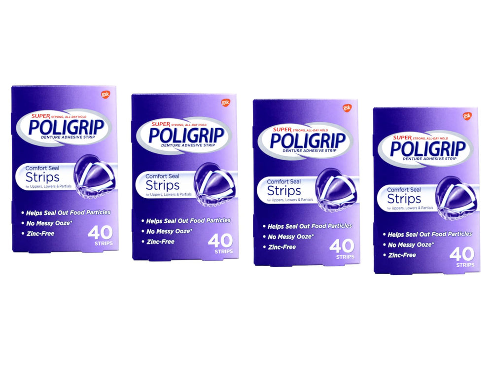Product box with strips and usage tips for Poligrip Adhesive Strips