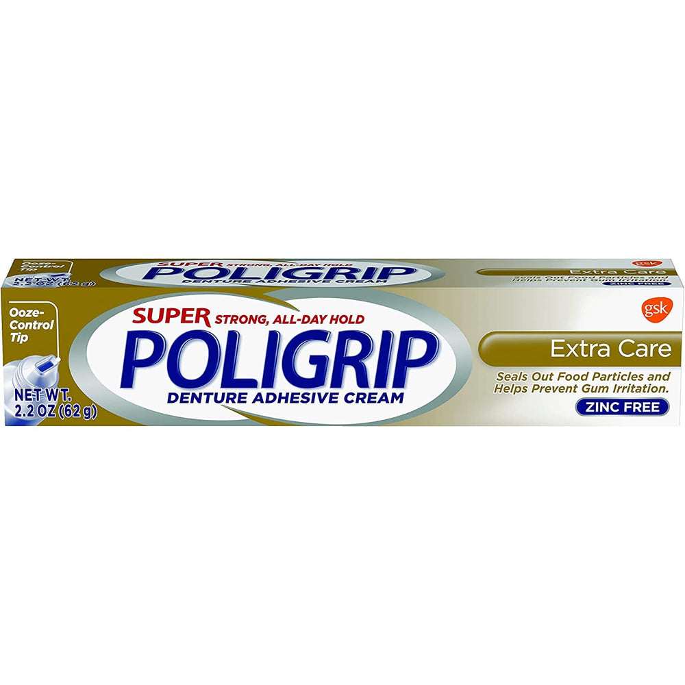Box of SUPER POLIGRIP Denture Adhesive Cream Extra Care 2.20 oz Pack of 6 - front view