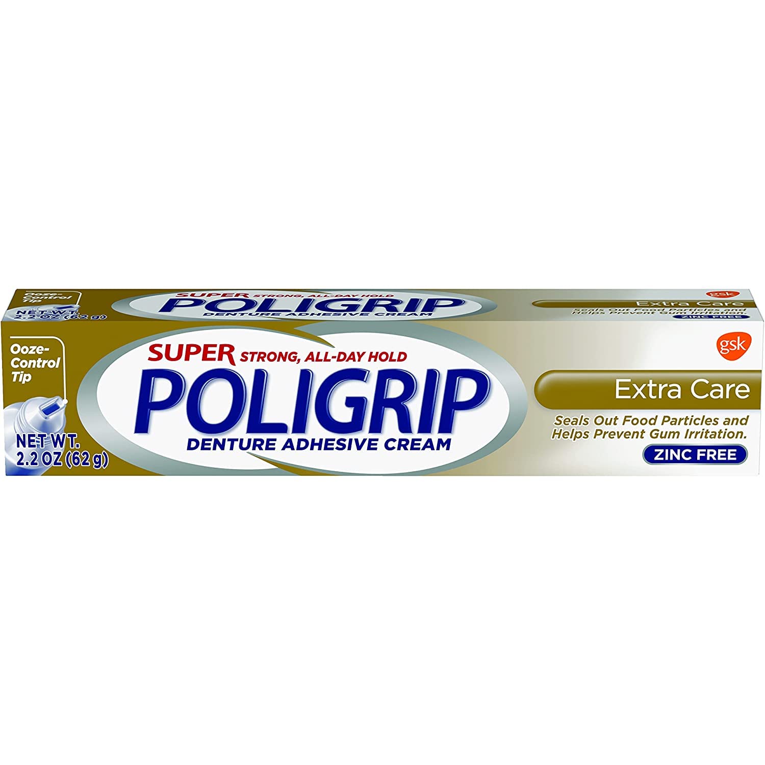 Tube of SUPER POLIGRIP Extra Care 2.20 oz denture adhesive close-up