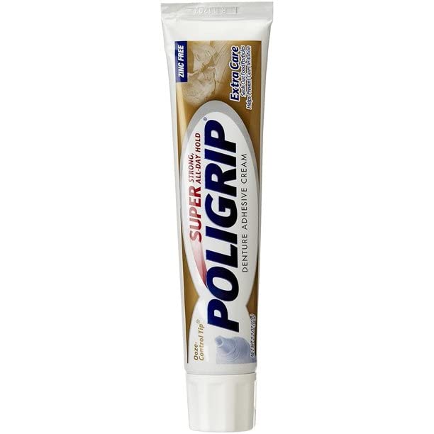 Six-pack display of SUPER POLIGRIP Extra Care denture adhesive