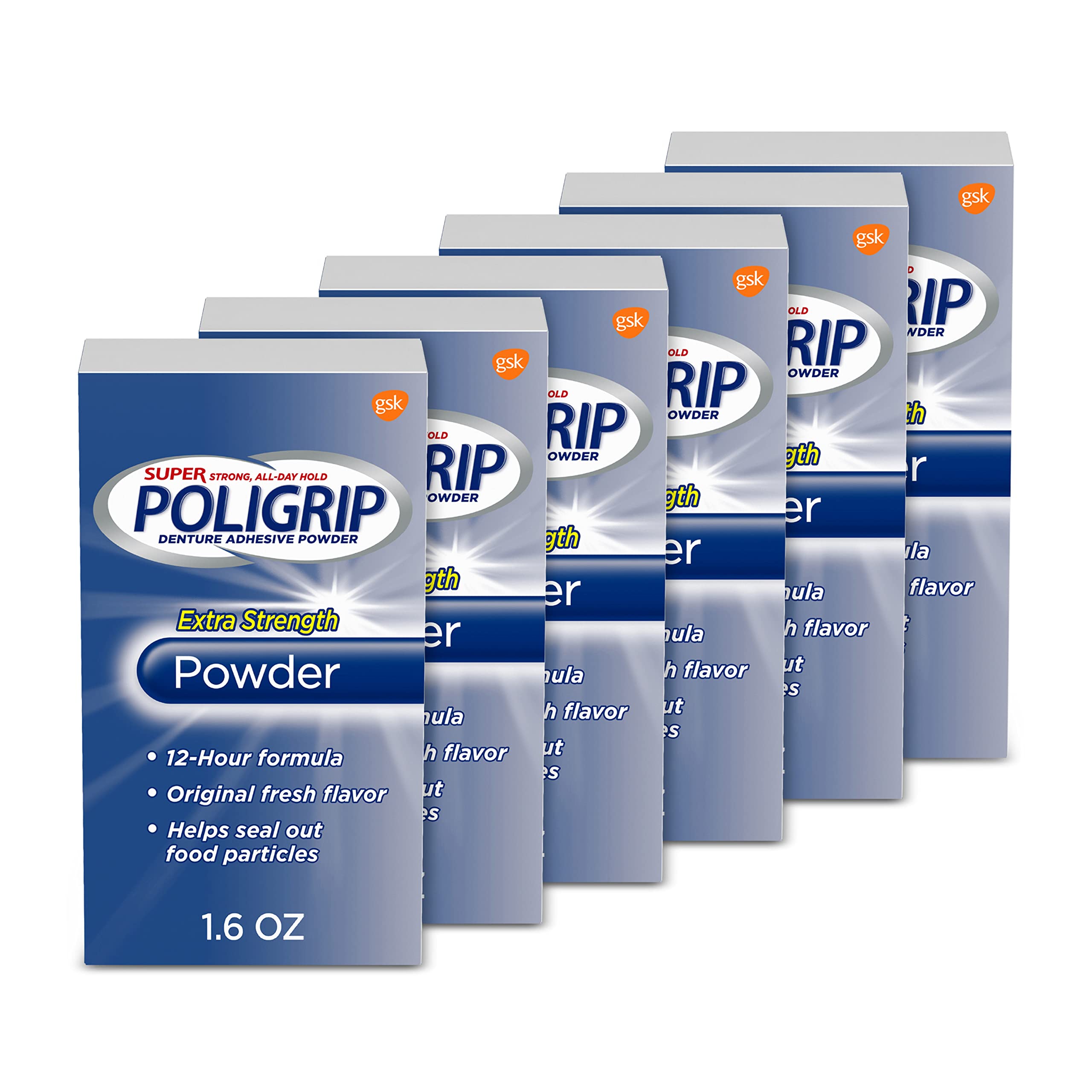 Six 1.6 oz bottles of Super Poligrip Extra Strength Denture Adhesive Powder in a 6-pack