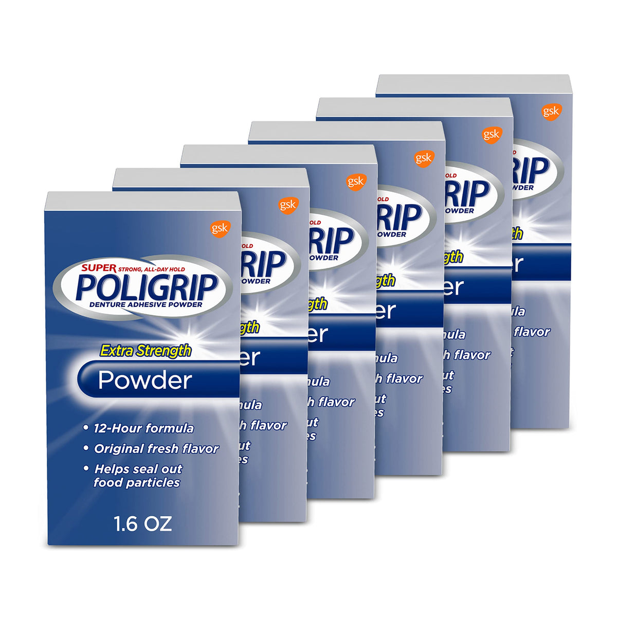 Six 1.6 oz bottles of Super Poligrip Extra Strength Denture Adhesive Powder in a 6-pack