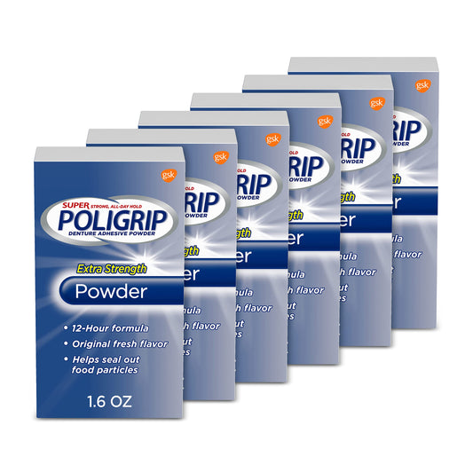 Six 1.6 oz bottles of Super Poligrip Extra Strength Denture Adhesive Powder in a 6-pack
